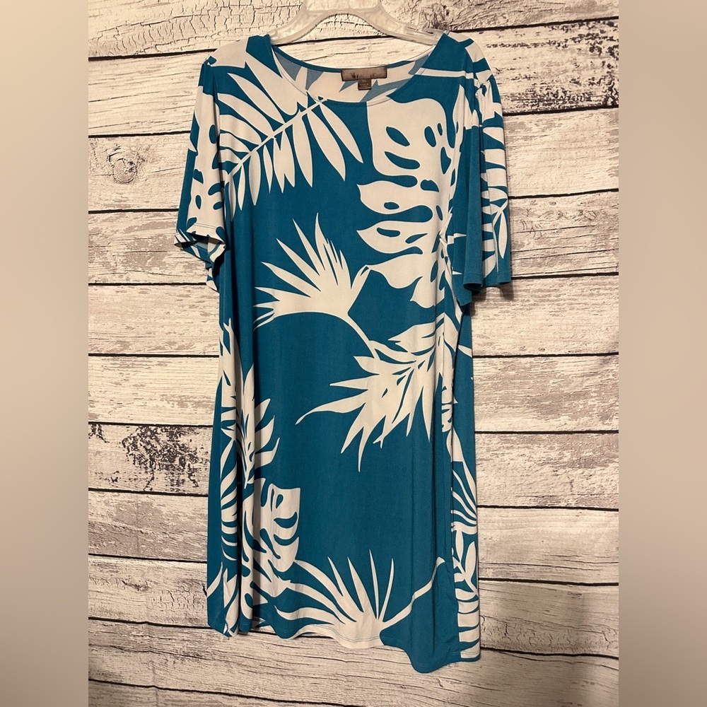Alexandra + Oak Blue & White Tropical Leaf Print Dress | Size XXL
